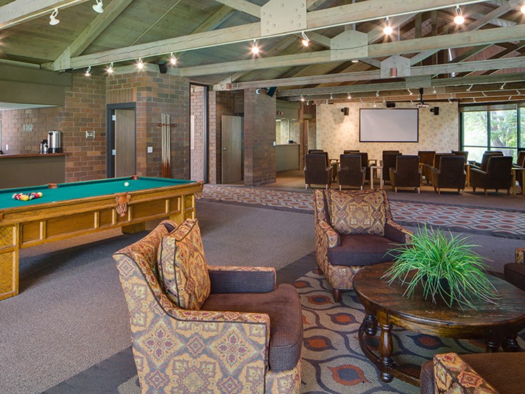 Community room with conversational seating, a pool table, and a theater room